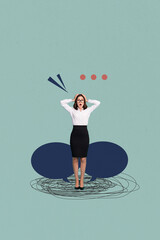 Vertical image poster photo collage of happy girl guy stand communication icon phrase...