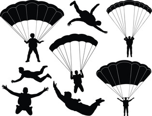 Parachuting skydiver silhouette collection, skydiving action poses, black vector figures, extreme sport design, flat CAD drawing illustration for stock