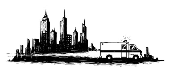 urban skyline silhouette with ambulance emergency response scene hand drawn vector illustration
