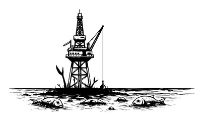 oil rig water pollution with dead fish sketch
