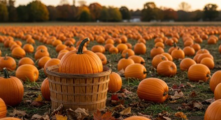 Abundant Pumpkin Patch at Sunset with a Wooden Basket Surrounded by Vibrantly Orange Pumpkins in an Agricultural Landscape