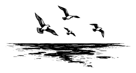 seabirds flying over oil spill on ocean surface environmental disaster vector illustration