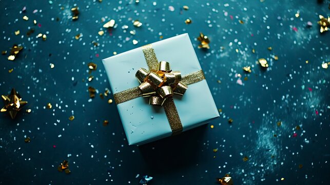 A light blue gift box with gold ribbon and bow, surrounded by confetti on a dark teal background - Powered by Adobe