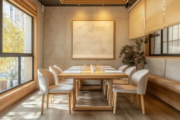 Beige and wooden meeting room interior. A large wooden table with white chairs is set up in a room with a white wall and a window.