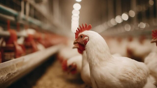 Poultry House: A flock of white chicken in a poultry farm, showcasing a day in the life of the animal in a well-lit interior, highlighting agricultural practices