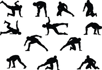 Silhouette of athletic man in various action poses, workout movement, strength training, dynamic motion, fitness vector, CAD drawing design
