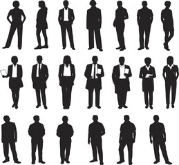 Silhouette of business people, office professionals standing, formal attire posture, corporate workers, male female figures, black vector illustration flat vector illustration