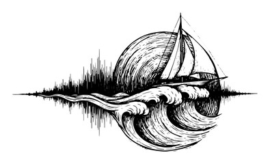 sailboat on ocean wave at sunset logo sketch