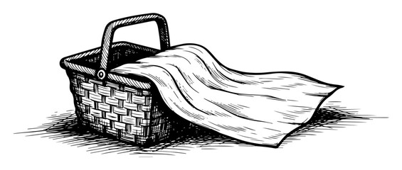 vintage wicker picnic basket with blanket for outdoor lunch sketch vector pattern shape © Aisha Kudorova
