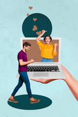 Banner sketch artwork collage of happy girl guy stand laptop heart notification icon social media...