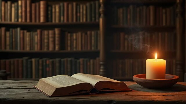 Burning candle with nostalgic mood next to stack of books on library background