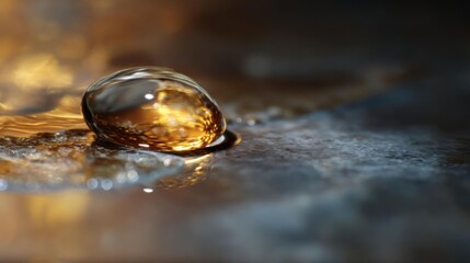 Close-up of a single drop of water on a surface. the drop is in the center of the image, with its surface reflecting the light and creating a shimmering effect.