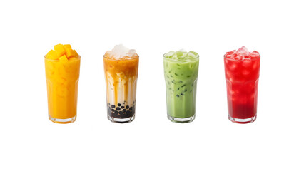 A bunch of iced drinks set against a white background, Summer drinks in an Asian style
