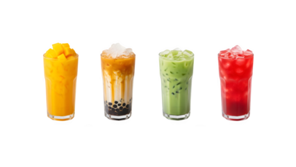 A bunch of iced drinks set against a white background, Summer drinks in an Asian style
