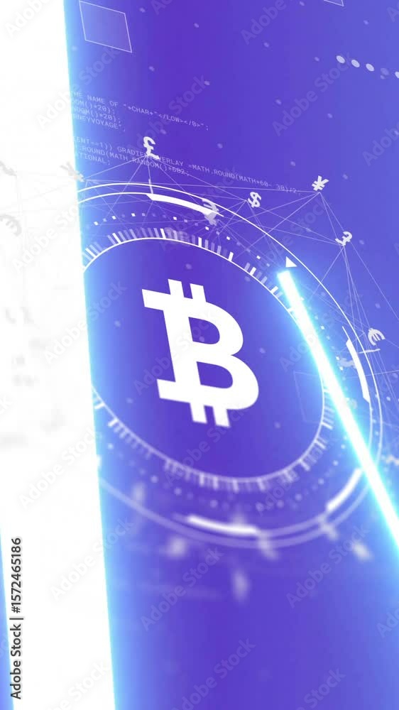 Poster animation of bitcoin and data processing over scope on black background