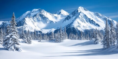 Obraz premium Majestic Winter Mountain Range with Snow Covered Coniferous Trees