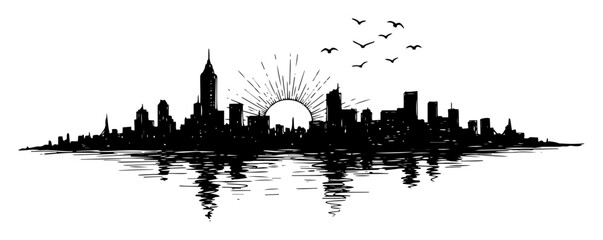 city skyline reflection with sunrise silhouette illustration