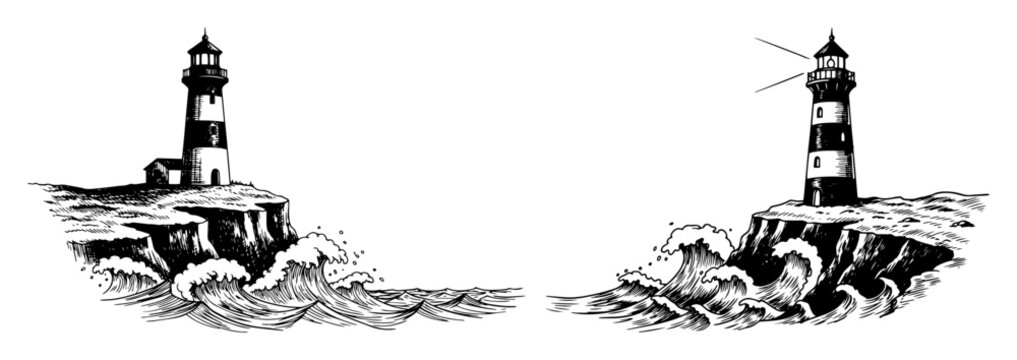 rocky island lighthouse with crashing waves engraving