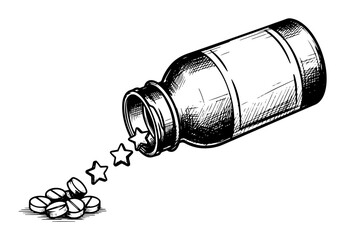 pill bottle with star shaped pills spilling out vector sketch