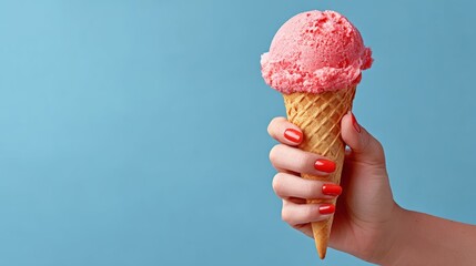 Person is holding a pink ice cream cone in their hand. The person is likely enjoying a sweet treat on a warm day
