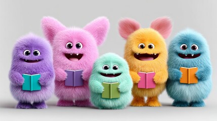 Obraz premium Group of colorful stuffed animals are holding books and smiling. Concept of joy and playfulness, as the animals seem to be enjoying their time reading. The bright colors of the animals