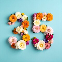 Number 35 made out of flowers with colored background. Photo for 35th birthday or anniversary party