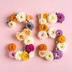 Number 35 made out of flowers with colored background. Photo for 35th birthday or anniversary party