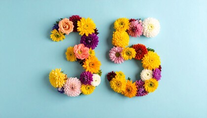 Number 35 made out of flowers with colored background. Photo for 35th birthday or anniversary party