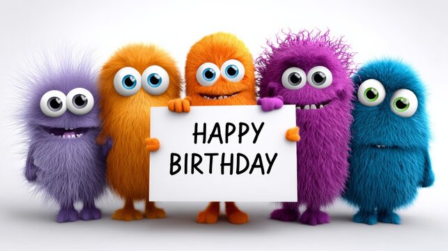 Group of colorful monsters holding a white sign that says Happy Birthday. The image conveys a fun and lighthearted mood, celebrating the birthday of the monsters