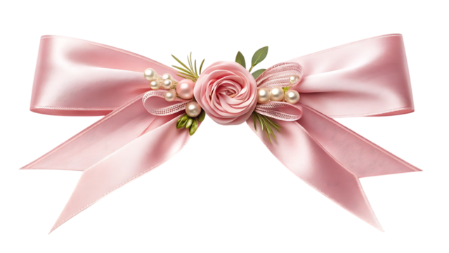Elegant Pink Satin Ribbon Bow with Delicate Rose and Pearl Accents