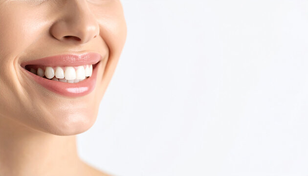 Close-up of a woman's teeth smiling confidently on isolated white background.