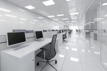 Fototapeta premium Blank white wall in a modern open office space with desks chairs and computers. A large open office space with cubicles and a glass partition.