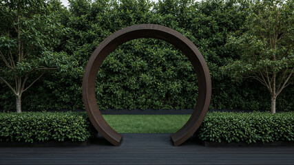 Modern garden design featuring a striking circular metal archway