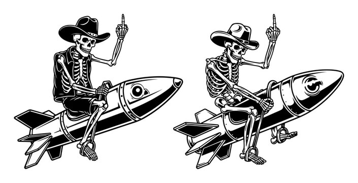 skeleton cowboy on rocket showing middle finger vector