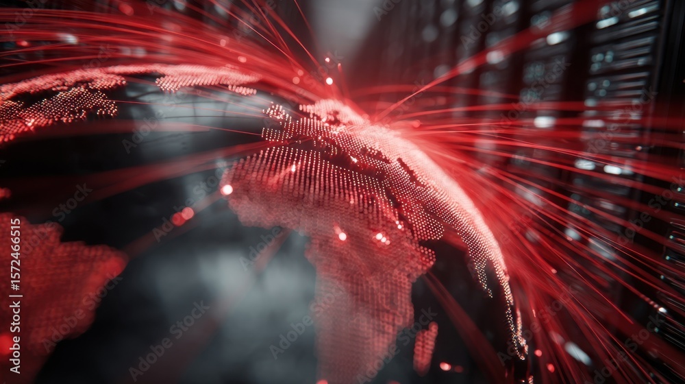 Poster futuristic server facility showcasing a dynamic world map with animated red data flows symbolizing c