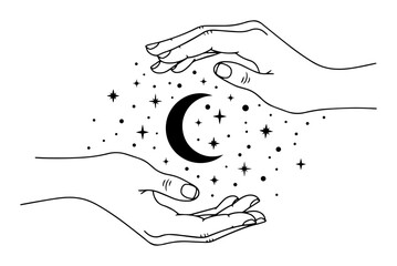 mystical hands holding moon and stars celestial magic vector © Aisha Kudorova