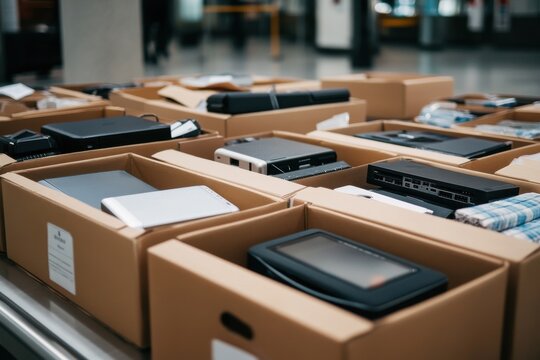 Boxes with electronics and personal items at airport security check. A box of laptops and other electronic devices. The box is full of various items, including a laptop, a cell phone, and a tablet.
