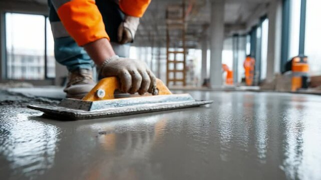 Smooth Concrete Laying: A construction worker skillfully smoothing wet concrete with a specialized trowel, showcasing the precision and care involved in the building process.
