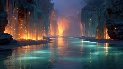 Enchanted Crystal Cavern with Glowing River and Icy Walls