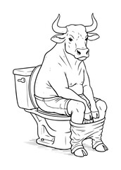 funny bull sitting on toilet comic illustration