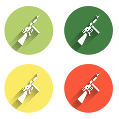 Set Thompson tommy submachine gun icon isolated with long shadow background. American submachine gun. Color circle button. Vector