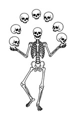funny skeleton juggling human skulls vector line art illustration