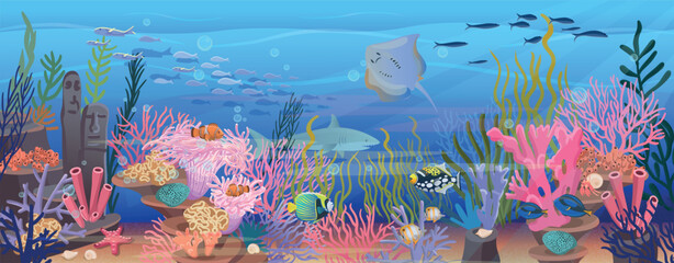 Large set of coral reef with algae tropical fish and corals. Vector illustration in cartoon style. © NADEZHDA