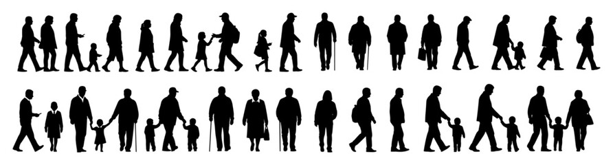 large collection of walking people silhouettes vector