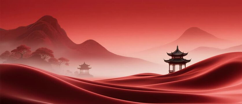 Asian Pagodas in Hazy Landscape with Reddish Tones - Serene Illustration of Mountains and Temples