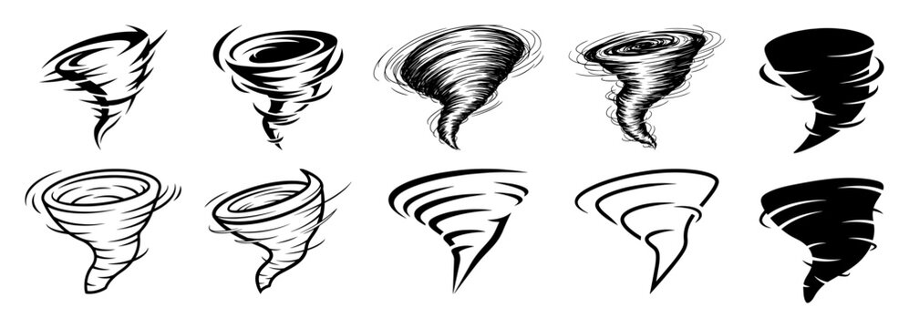 tornado twister cyclone sketch and silhouette vector set