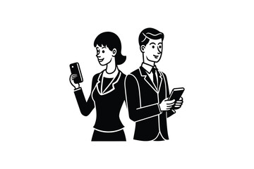 Business Professionals Using Mobile Devices Back to Back in Black and White Silhouette