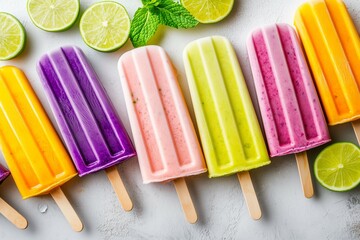 Multicolored frozen fruit popsicles with lime slices and mint leaves on white background.