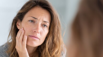 Person looking in mirror while touching a sore spot on the face. 