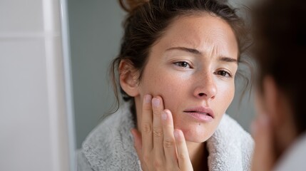 Person looking in mirror while touching a sore spot on the face. 